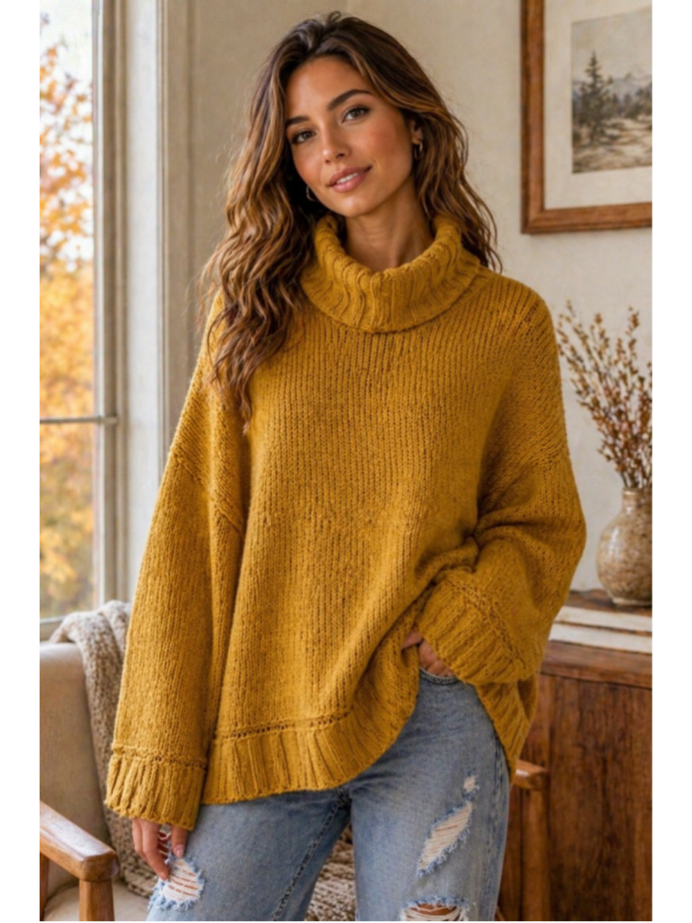 Aerie Turtleneck Sweater XL Mustard Yellow Chunky Knit Oversized Cozy